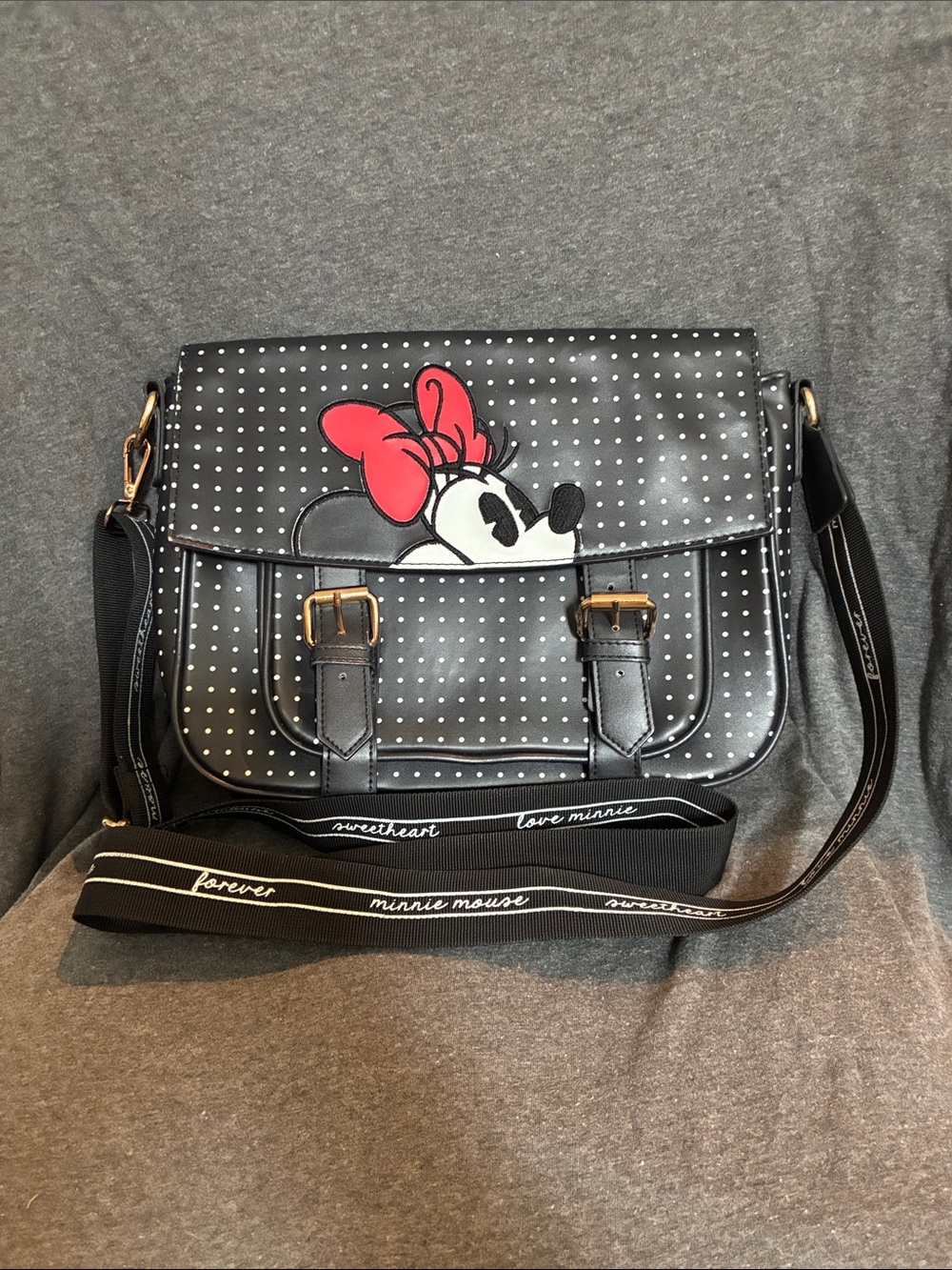 Disney Black Minnie Mouse Polka Dot Crossbody with Red Bow